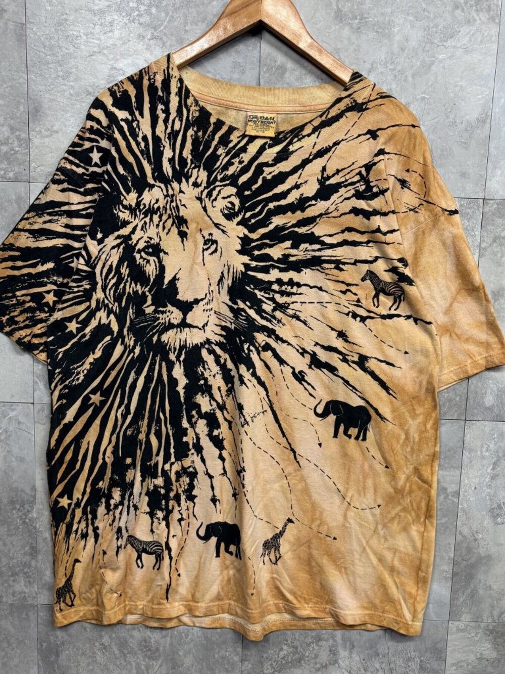 Gildan Lion Safari All Over Print T Shirt Men's XL Tan Black Tie Dye Y2K